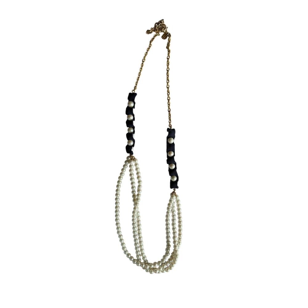 Nautical Pearl Statement Necklace Navy Grosgrain Ribbon Triple Strand Coastal